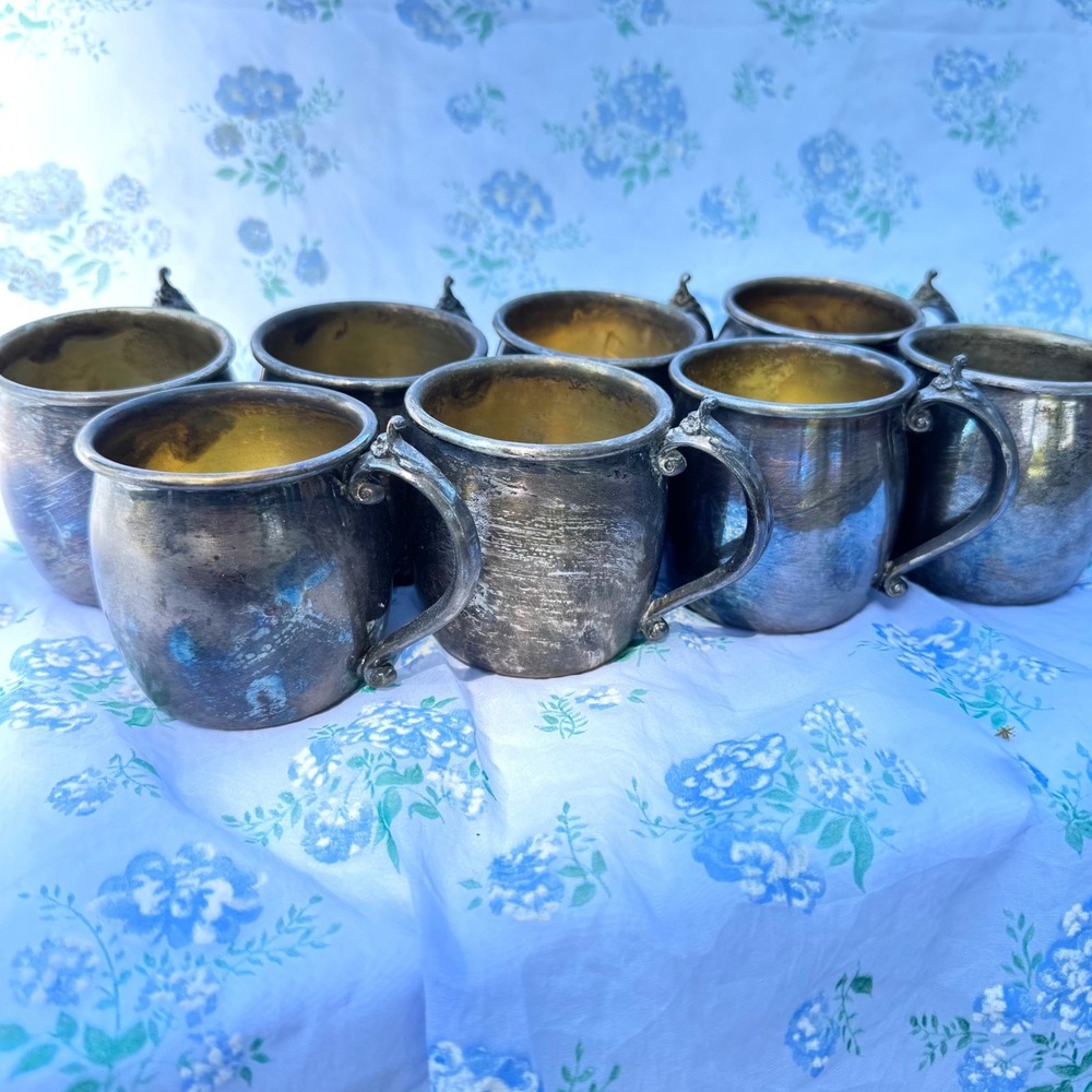 Vintage FB Rogers Silverplate Demitasse Mugs Set of 8 Gilt Lined Mini Tankards